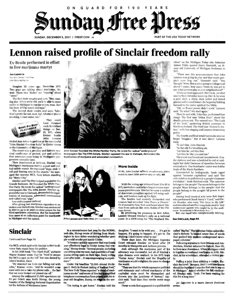 50th Anniversary Celebration of the John Sinclair Freedom Rally to be held at Ralston Center in Detroit on 10th December, 2021