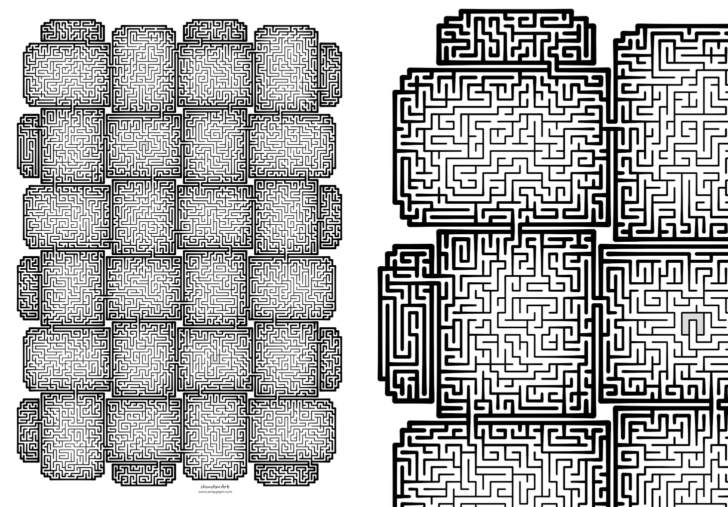 Overview and close-up of a black-and-white art maze