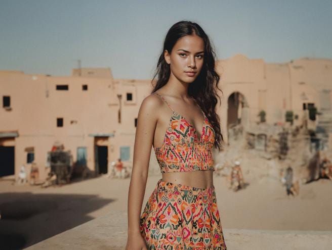 A woman in a dress featured in a Mango advertisement, created using AI models