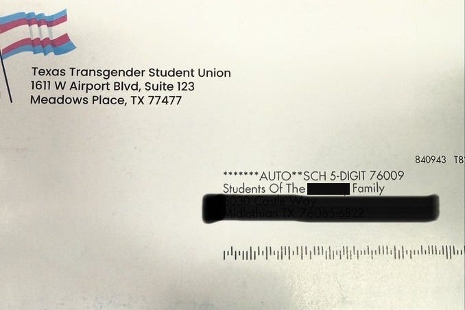 twitter photo of the address portion of the Texas ratfuck 'trans student resource guide,'  as described further in article text.