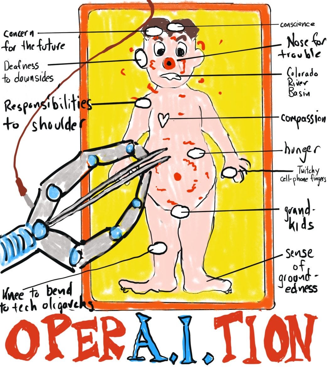 A cartoon drawing of the game of "Operation" with a robot hand removing human characteristics, including compassion, from the patient A cartoon drawing of the game of "Operation" with a robot hand removing human characteristics, including compassion, from the patient