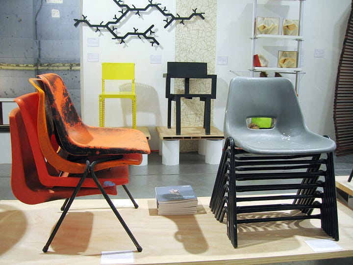 photographs of installation of the exhibit inCONSTRUCTION at spring, the gallery in DUMBO, Brooklyn, in 2007 showing chairs by Maxine Naylor and Ralph Ball