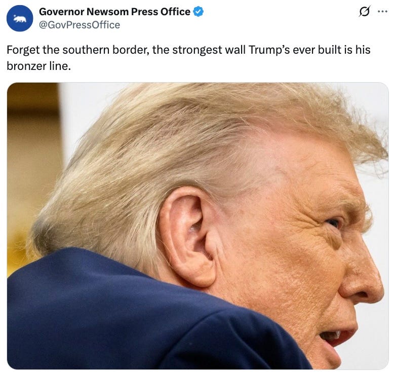 Forget the southern border, the strongest wall Trump’s ever built is his bronzer line. Forget the southern border, the strongest wall Trump’s ever built is his bronzer line.