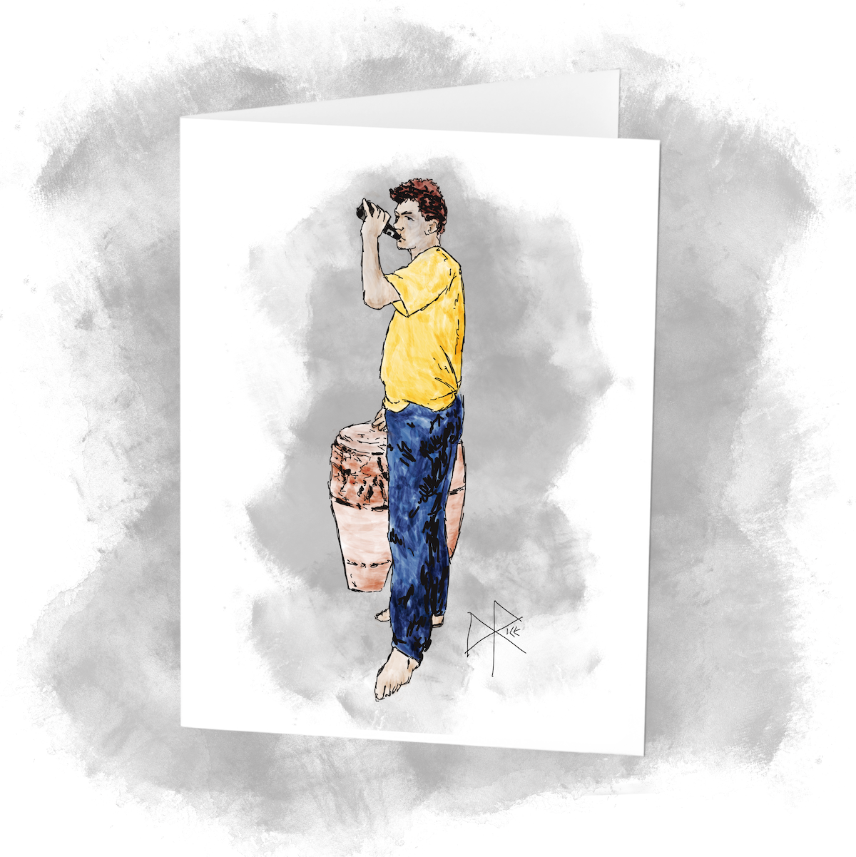 A standing man, his feet bare, tips a beer bottle to his lips and takes a swig as his fingers brush and tap on the skin of a floor drum. Sketch art by Don Rice.
