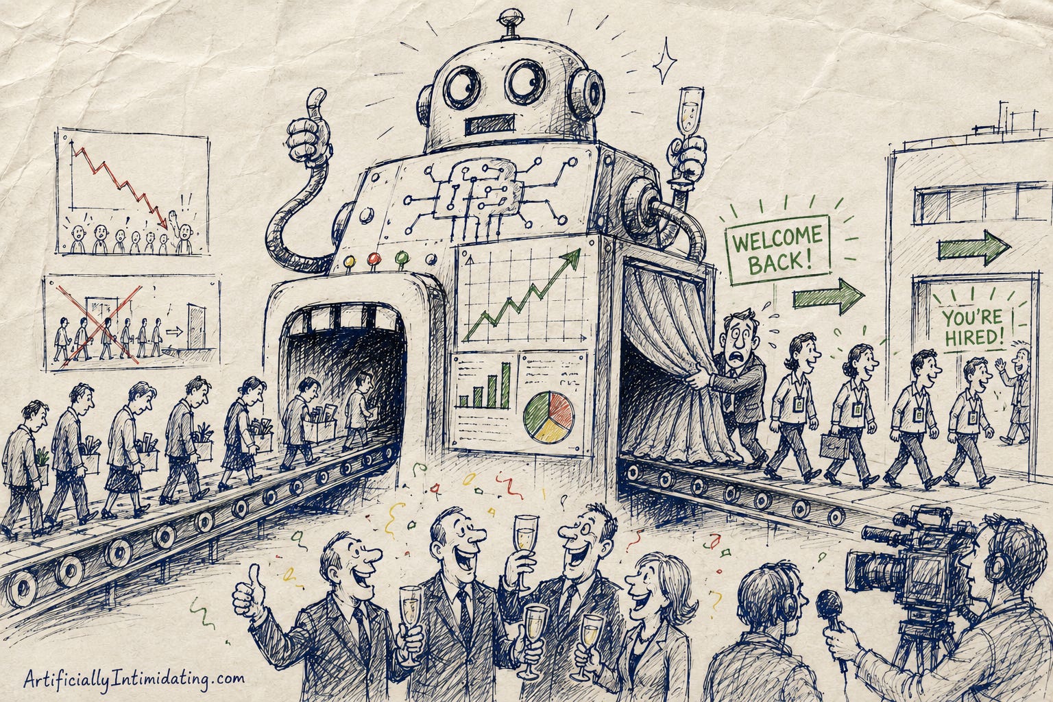 AI generated Hand-drawn editorial cartoon showing a giant AI robot functioning as a human recycling machine. Workers carrying layoff boxes enter the robot's mouth while executives celebrate automation success with rising charts and stock-price gains. On the other side, the same workers emerge wearing employee badges and walk beneath "Welcome Back" and "You're Hired" signs into a company building, while a nervous executive tries to hide the conveyor belt from reporters.