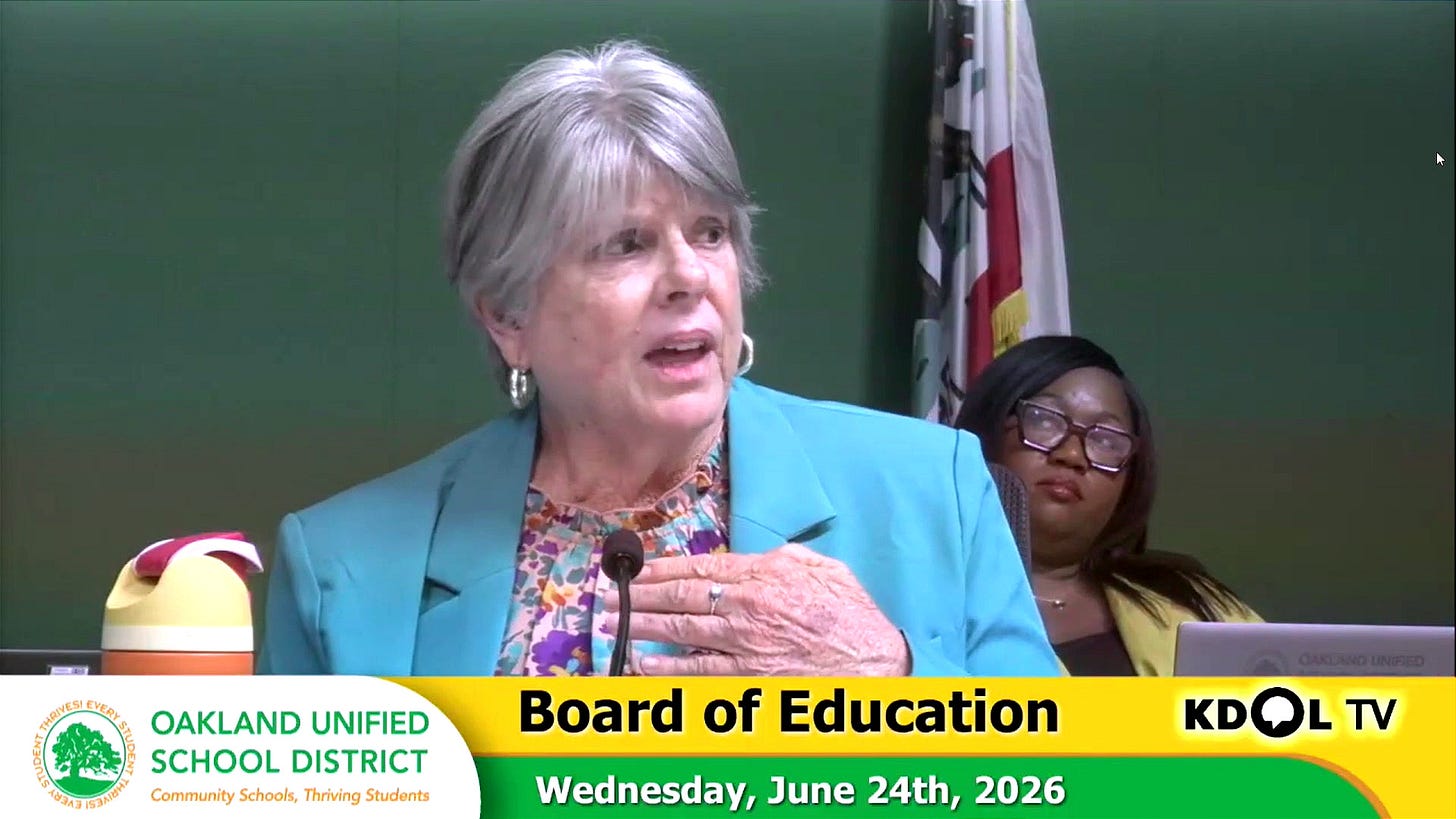 Oakland Unified school board president Jennifer Brouhard speaks about the district’s past and present budget challenges on June 24, 2026. (Image source: OUSD)
