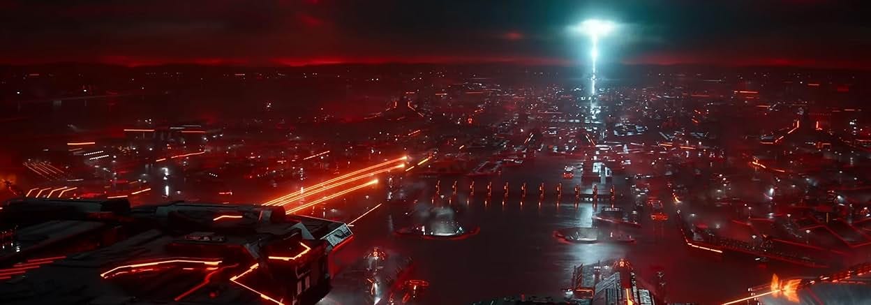 A landscape shop of The Grid. A city made of black and red neon. A landscape shop of The Grid. A city made of black and red neon.