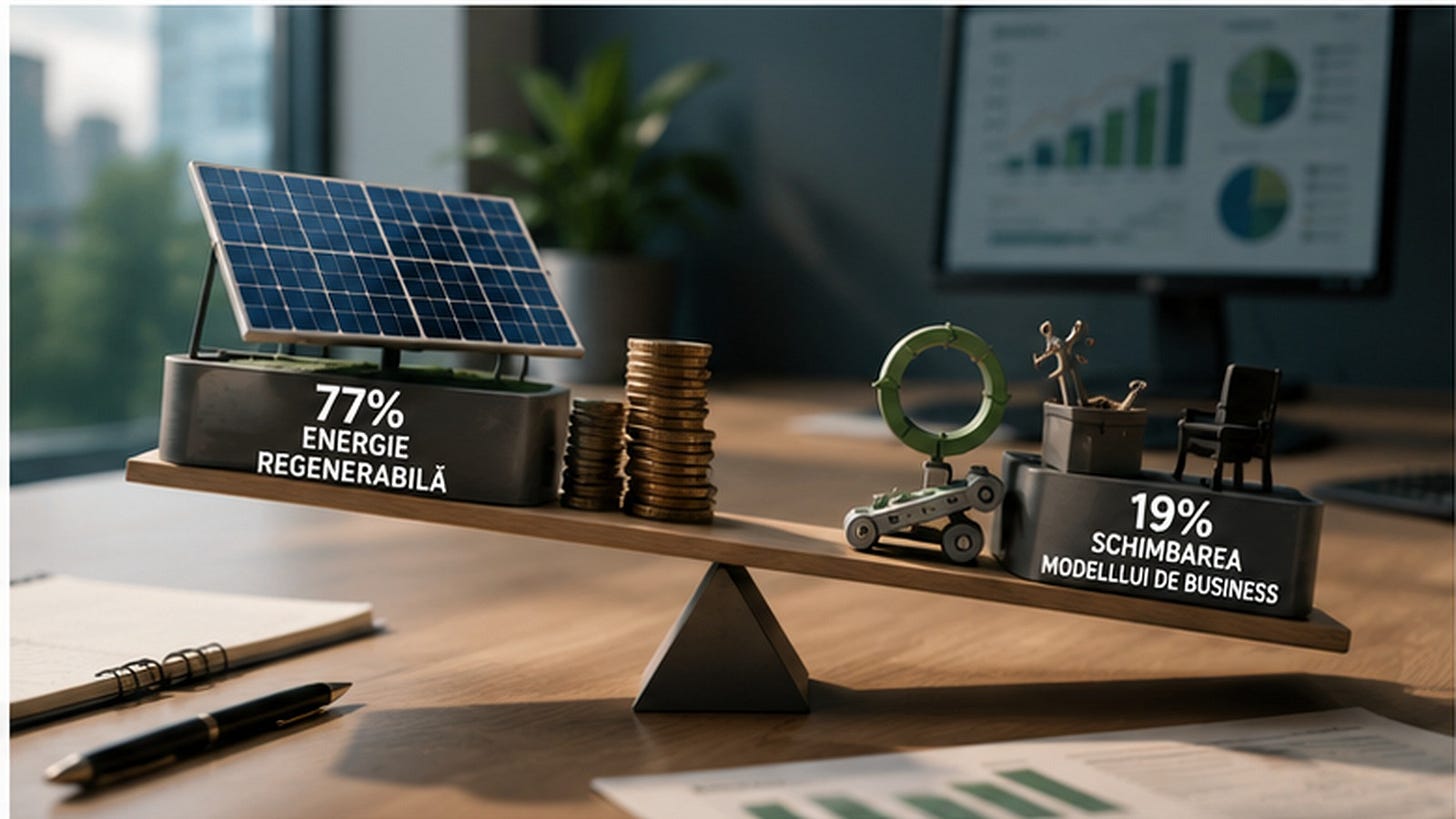 O balanță compară 77% investiții în energie regenerabilă cu 19% investiții în schimbarea modelului de business. O balanță compară 77% investiții în energie regenerabilă cu 19% investiții în schimbarea modelului de business.