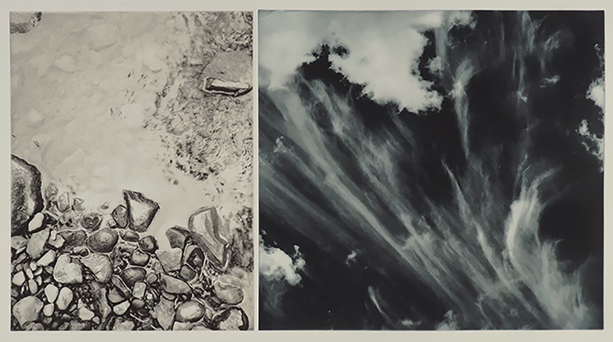 A black and white diptych, made as a photo gravure by Lisa Nebenzahl, depicting the ground on the left, and the sky on the right. A black and white diptych, made as a photo gravure by Lisa Nebenzahl, depicting the ground on the left, and the sky on the right.