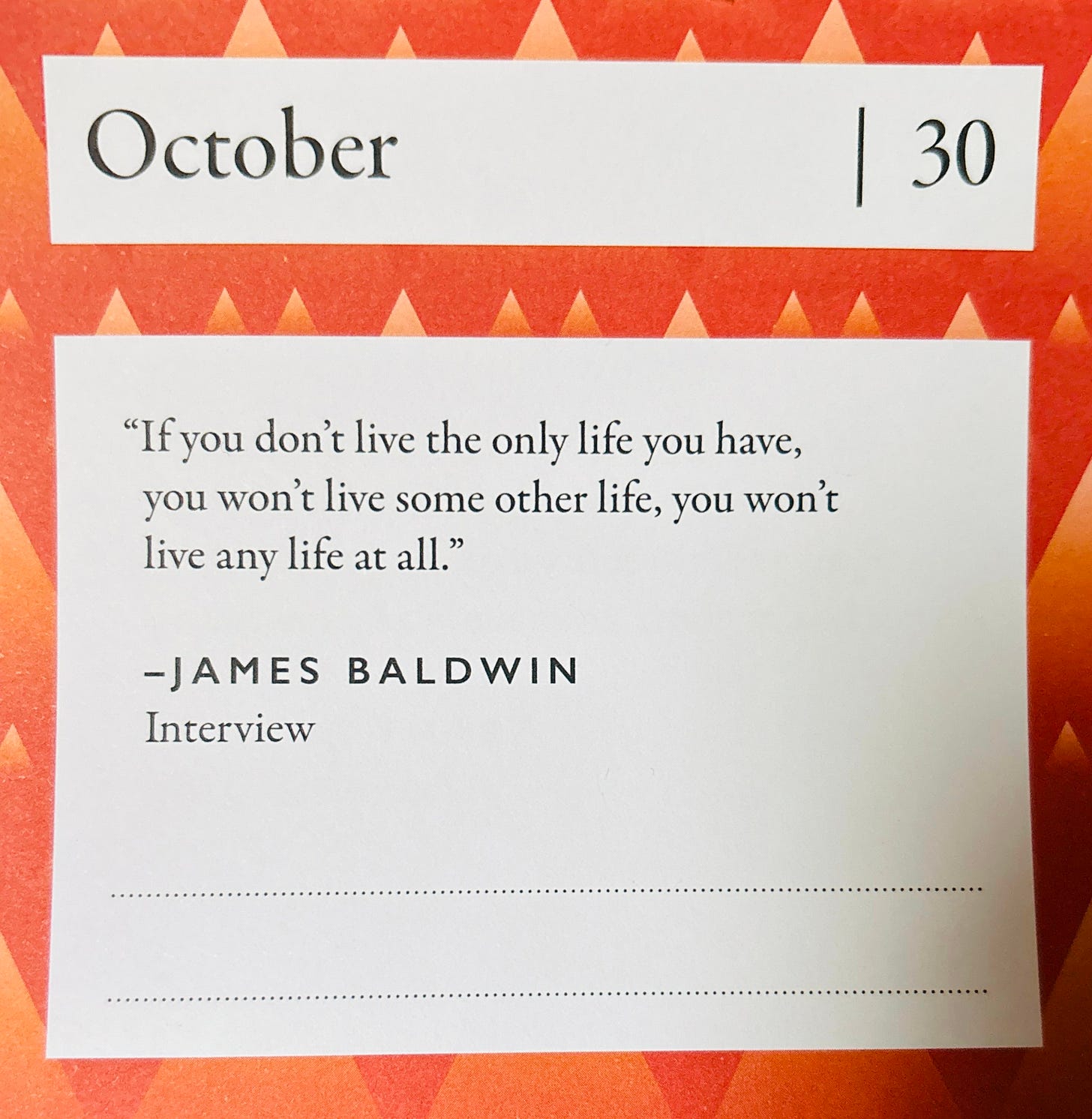 "If you don’t live the only life you have, you won’t live some other life, you won’t live any life at all" James Baldwin, Interview