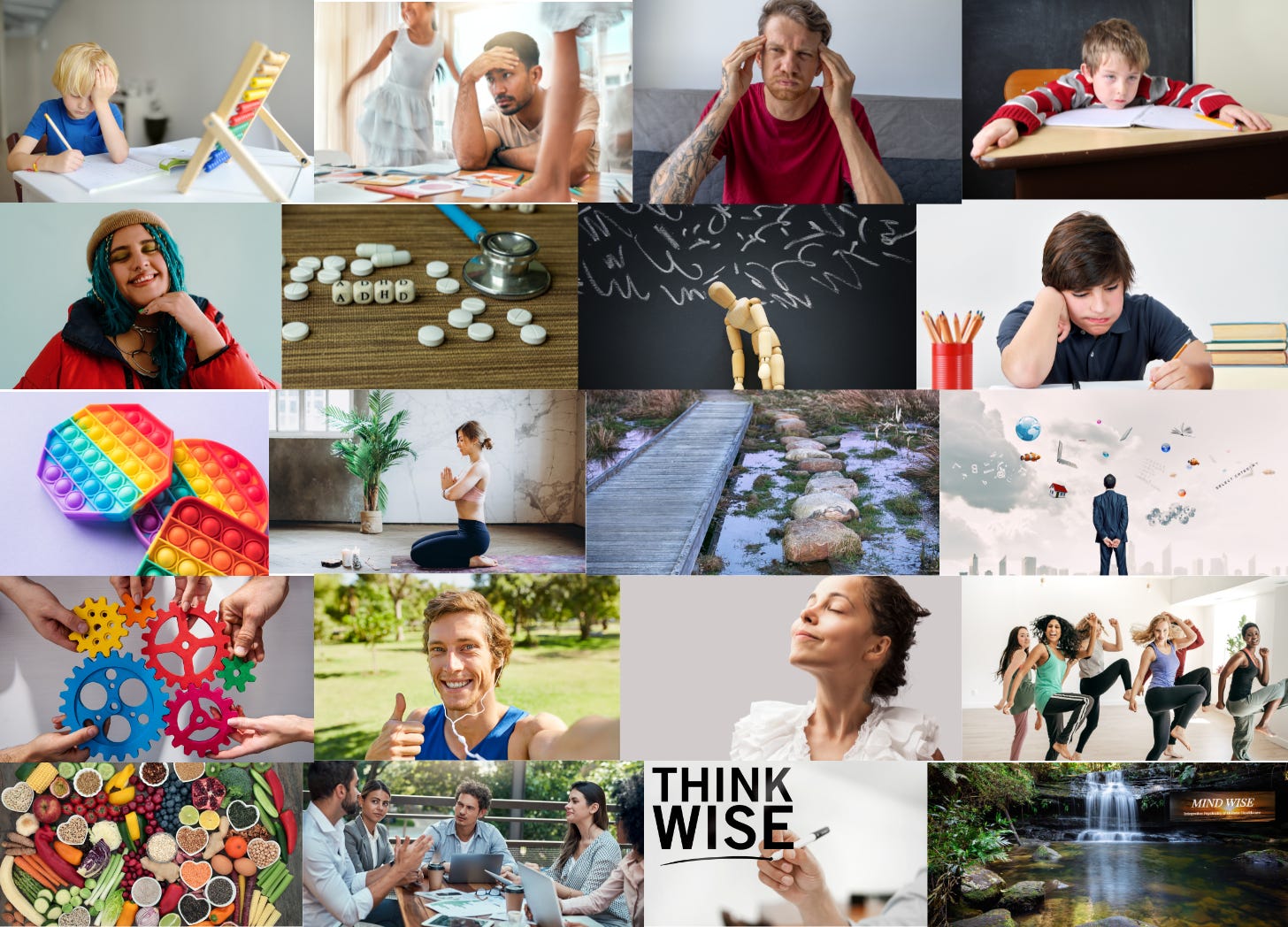 Collage of pictures with the theme of looking deeper than the accepted medical treatment and diagnoses treatment as with ADHD, NVLD, ASD. Making the right choices for your health.