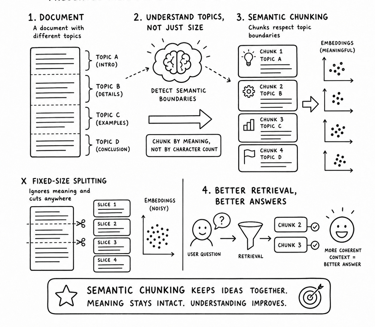Semantic chunking preserves meaning better than fixed-size splitting.