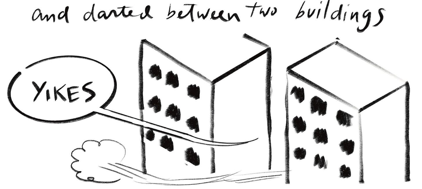 "And darted between two buildings" Woosh lines between buildings show path of racing dog. Speech bubble: YIKES