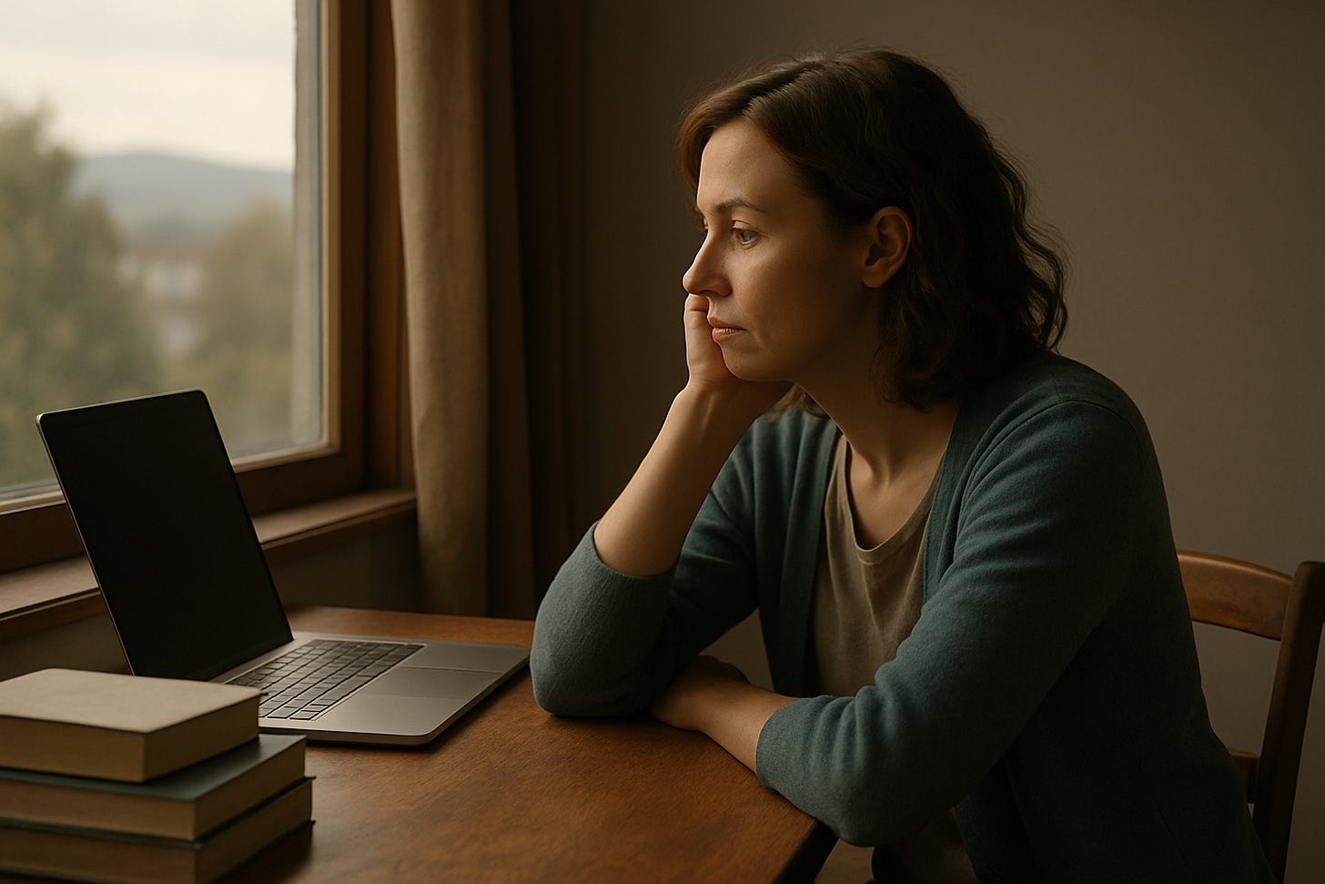 A woman is staring into her laptop in deep reflection.