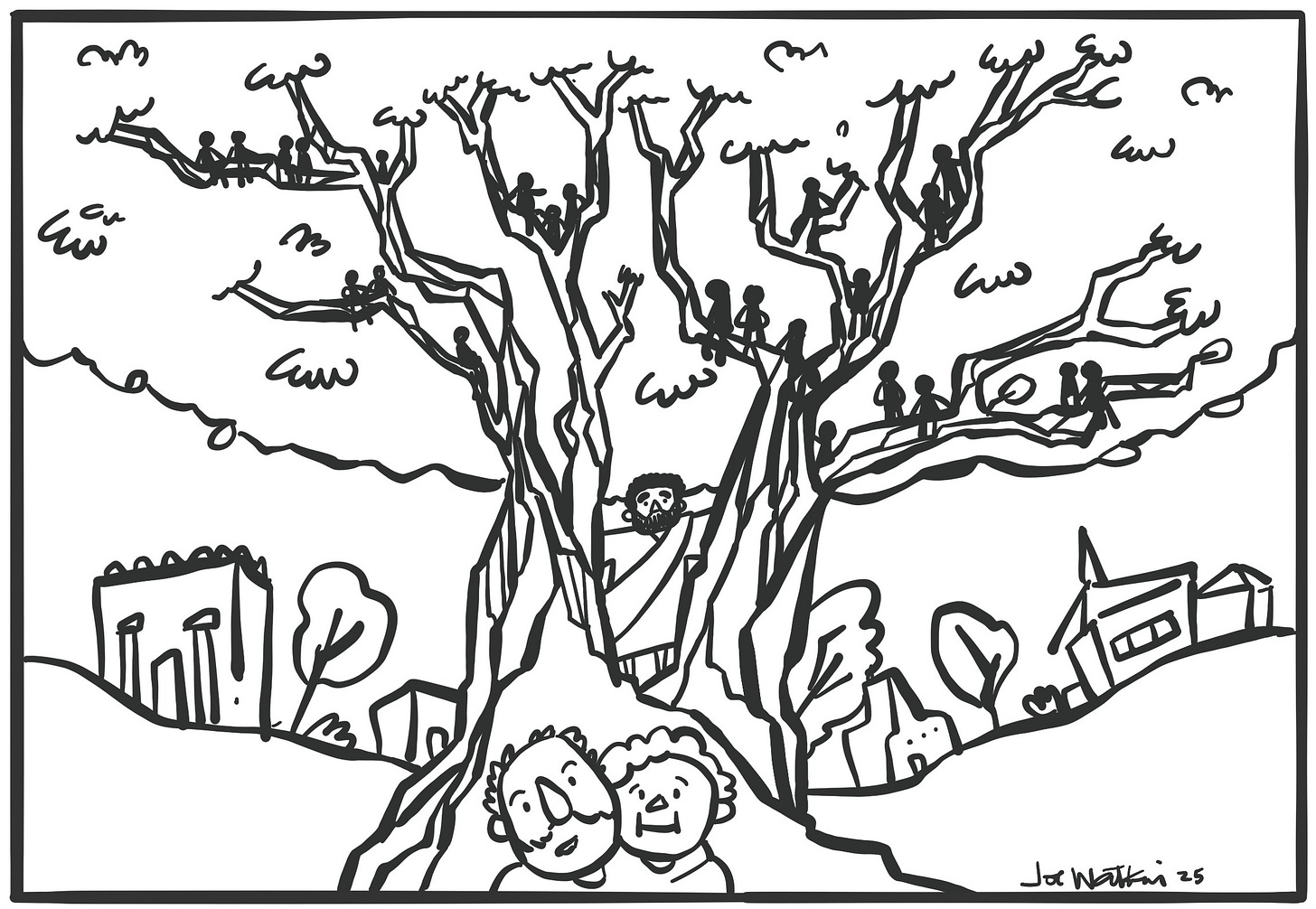 Picture of a tree with Abraham and Sarah at its base and small people in the branches. 