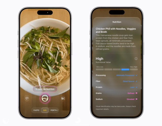 Siri mode in Camera includes new actions for users, including the ability to get nutritional insights about a plate of food. Siri mode in Camera includes new actions for users, including the ability to get nutritional insights about a plate of food.