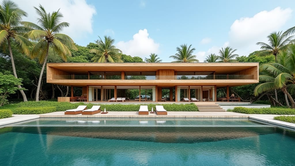 Stunning modern Jamaican villa perched on a lush cliffside, cascading water features and infinity pool blending seamlessly into the turquoise Caribbean Sea, surrounded by swaying palm trees and vibrant tropical flora, with a sleek, minimalist architecture reminiscent of the works of Alberto Campo Baeza, the vibrant colors and textures of David Hockney's landscapes, and the organic, curvilinear forms of Santiago Calatrava's designs.