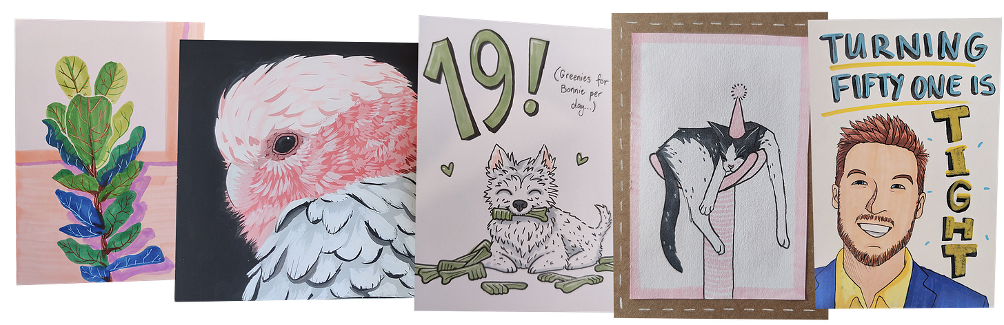 A row of hand-made cards. The cards have drawings of a houseplant, a pink galah bird, a dog eating treats, a cat sleeping on a cat scratching tower, and the YouTuber Ryan George smiling.