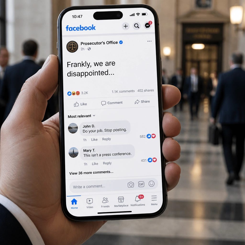 A close-up of a high-end smartphone screen showing a Facebook post from a "Prosecutor's Office" with the text "Frankly, we are disappointed..." visible. A close-up of a high-end smartphone screen showing a Facebook post from a "Prosecutor's Office" with the text "Frankly, we are disappointed..." visible.