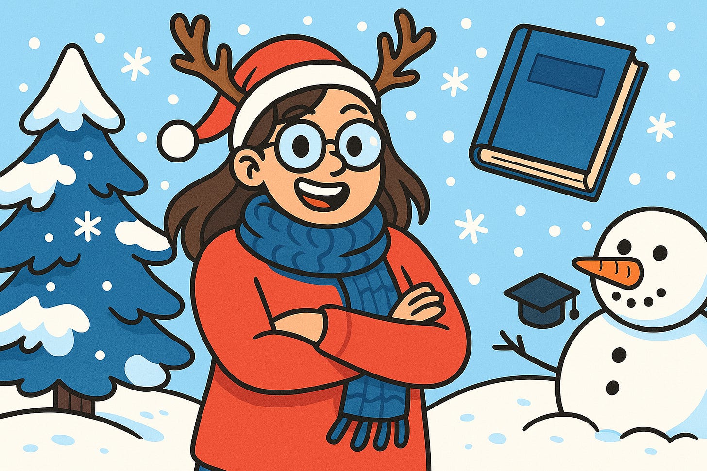 A cheerful cartoon-style illustration shows a woman with glasses, long brown hair, and a red sweater standing outdoors in a snowy winter scene. She is smiling with her arms crossed and wearing a blue scarf. Snowflakes fall around her, and a snow-covered pine tree stands on the left. On the right, a friendly snowman with a carrot nose gestures toward a floating graduation cap, while a blue book hovers nearby.