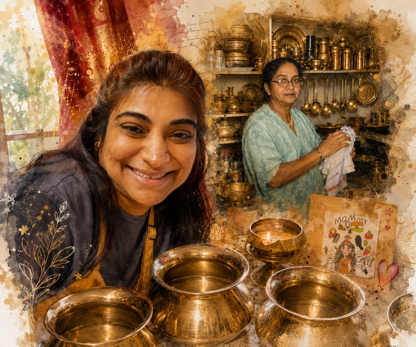 An artistic watercolor-style collage of two South Asian women across generations, surrounded by traditional brass vessels and cookware in warm kitchen settings, evoking heritage, memory, and domestic ritual.
