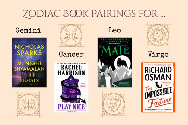 zodiac book pairings for Gemini, Cancer, Leo, and Virgo