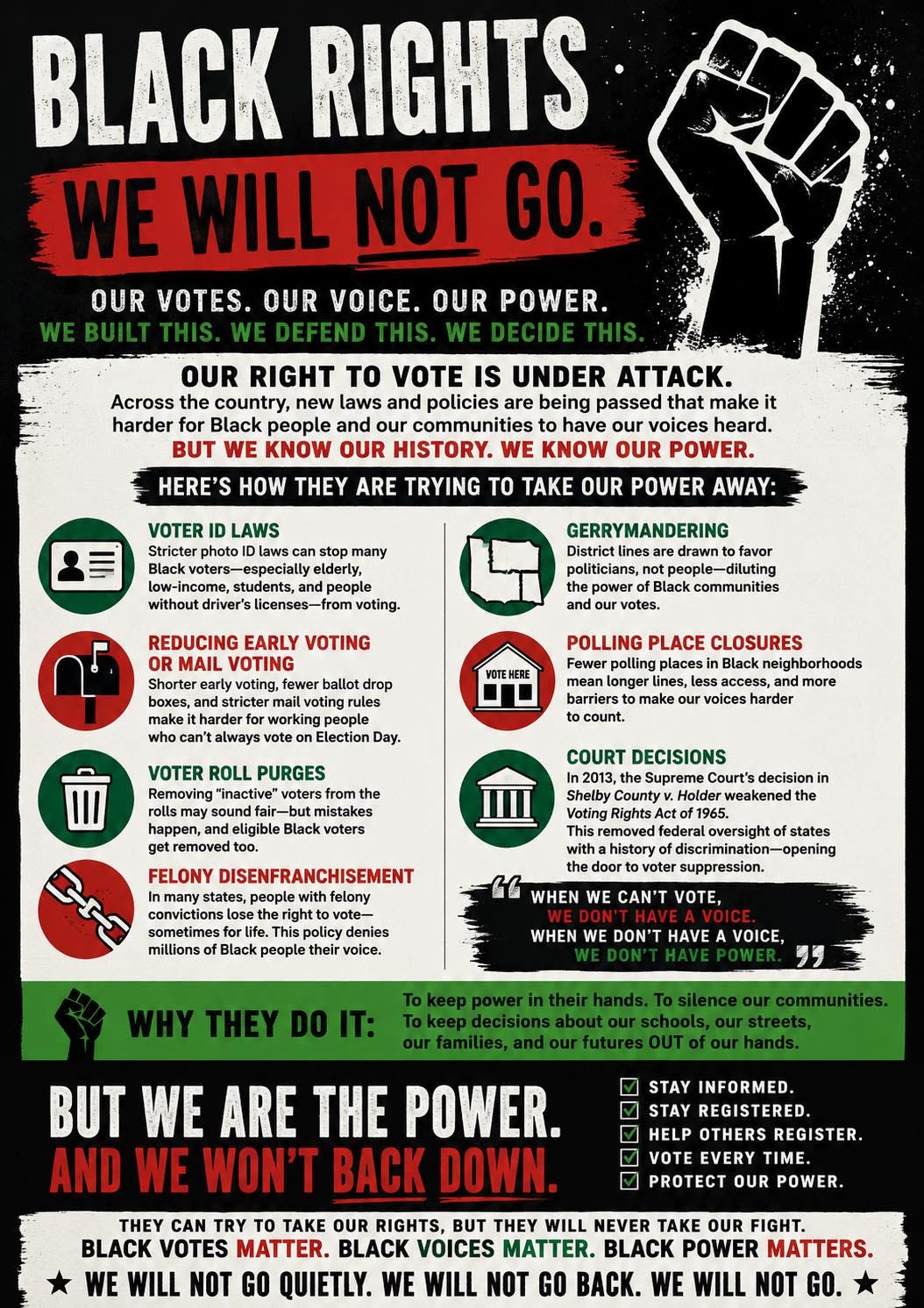 May be a graphic of text that says 'BLACK RIGHTS WE WILL NOT GO. OUR VOTES. OUR VOICE. OUR POWER. OUR RIGHT To VOTE IS UNDER ATTACK. Across the country, new laws and policies are being passed that make harder for Black our have voices heard. WE KNOW OUR HISTORY. WE OUR HERE'S HOW THY TRYING lawsc POWER AWAY: GERRYMANDERING REDUCING EARLY VOTING PLACE COURT Supreme weakened WHEN suppression. DON'T HAVE VOICE, STAY INFORMED. PROTECT BUT WE ARE THE POWER. AND WON'T BACK DOWN. TAKE OUR THEY BLACK VOTES MATTER. VOICES MATTER. BLACK POWER MATTERS. NOT GO QUIETLY. WE WILL NOT GO BACK. WE WILL NOT GO.' May be a graphic of text that says 'BLACK RIGHTS WE WILL NOT GO. OUR VOTES. OUR VOICE. OUR POWER. OUR RIGHT To VOTE IS UNDER ATTACK. Across the country, new laws and policies are being passed that make harder for Black our have voices heard. WE KNOW OUR HISTORY. WE OUR HERE'S HOW THY TRYING lawsc POWER AWAY: GERRYMANDERING REDUCING EARLY VOTING PLACE COURT Supreme weakened WHEN suppression. DON'T HAVE VOICE, STAY INFORMED. PROTECT BUT WE ARE THE POWER. AND WON'T BACK DOWN. TAKE OUR THEY BLACK VOTES MATTER. VOICES MATTER. BLACK POWER MATTERS. NOT GO QUIETLY. WE WILL NOT GO BACK. WE WILL NOT GO.'