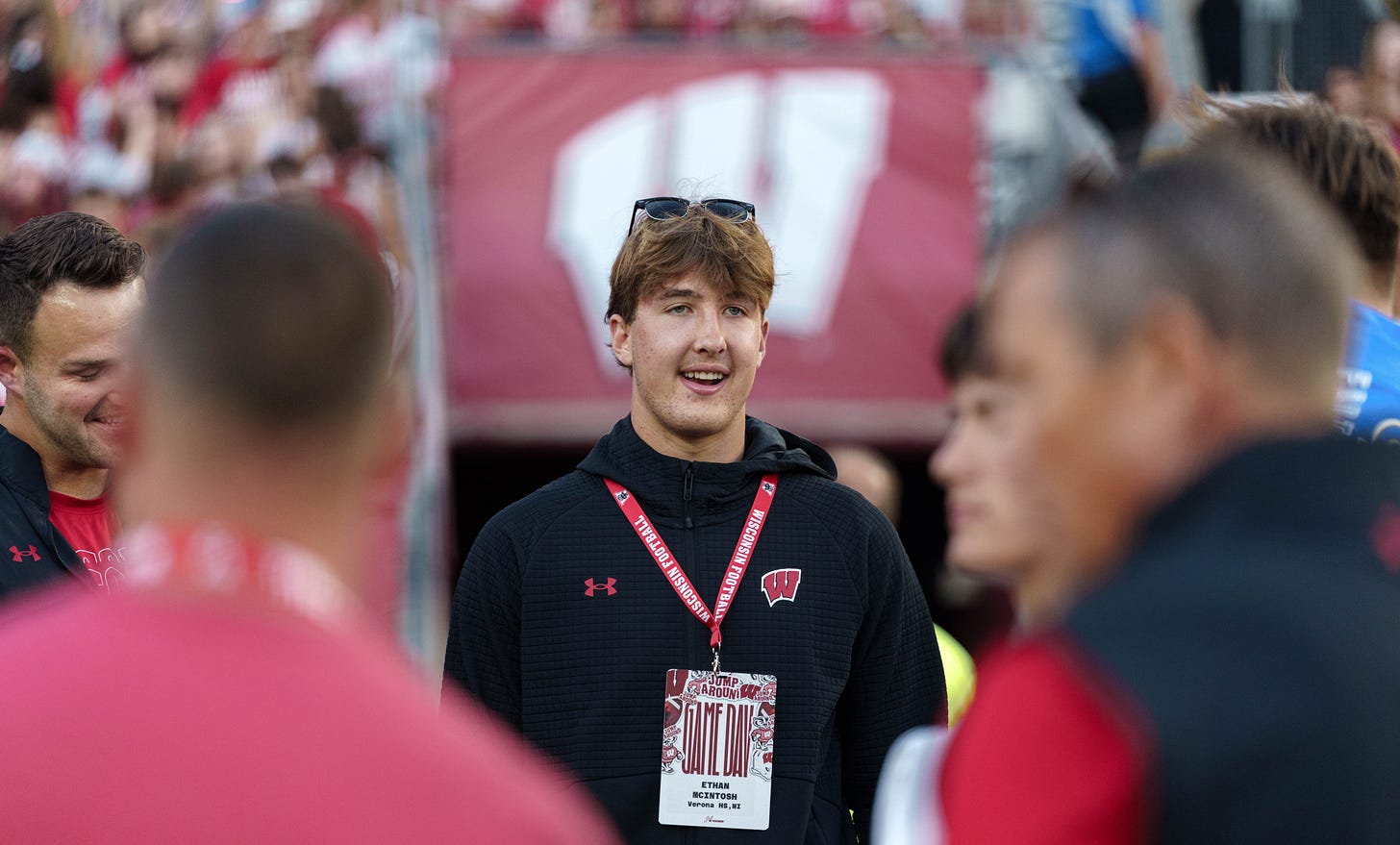 2027 Wisconsin commit Ethan McIntosh stands on the field during a game day visit to Camp Randall Stadium. 2027 Wisconsin commit Ethan McIntosh stands on the field during a game day visit to Camp Randall Stadium.