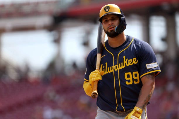 Gary Sanchez of the Milwaukee Brewers walks back to the dugout during game one of a doubleheader against the Cincinnati Reds at Great American Ball...