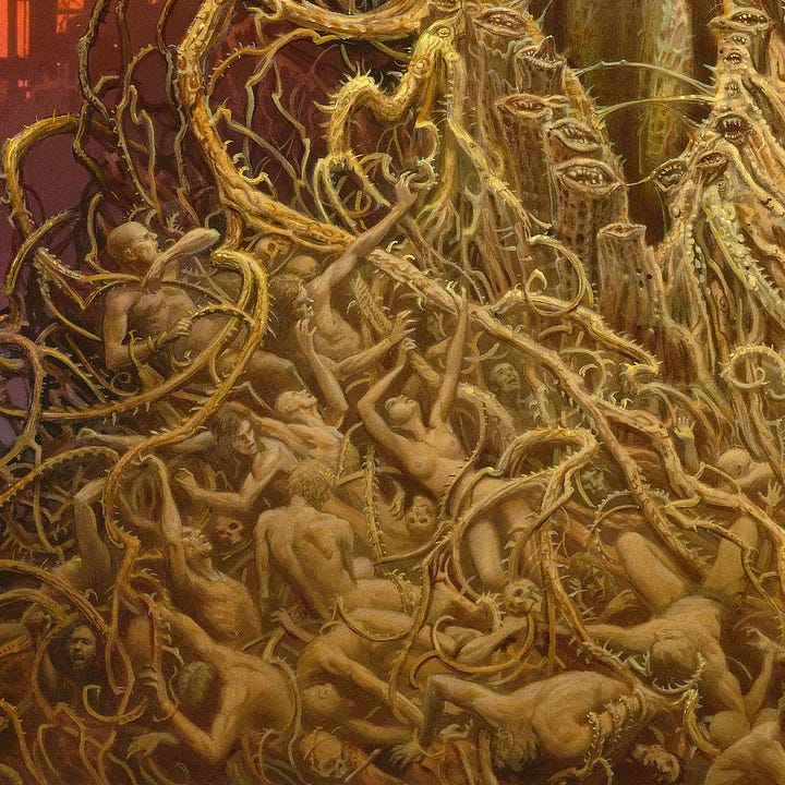 LEFT: Detail from EVILE featuring the central figure with elongated arms raised in a chilling flex to wrap around a cloudy planet hovering over its shoulder.  RIGHT: Detail from EVILE featuring the right side of the mound and the orange smog-tinted background consisting of a line of factories spewing dark smoke that drifts rightward. Naked men and women ensnared by spiked roots in the mound. Some fight against their hold trying to life themselves out. Some fall in agony as they are pulled into the mass. Others recline in pleasure. Mixed throughout are human skulls.