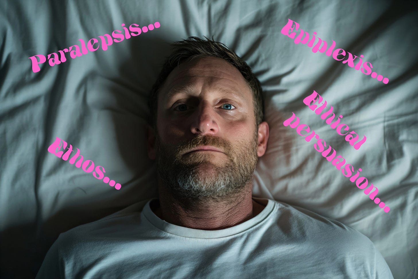 A man lies awake in bed, fretting over rhetorical terms like paralepsis, epiplexis, ethos, and ethical persuasion. He is a middle-aged white man with a scraggly beard and short brown hair, wearing a white t-shirt.