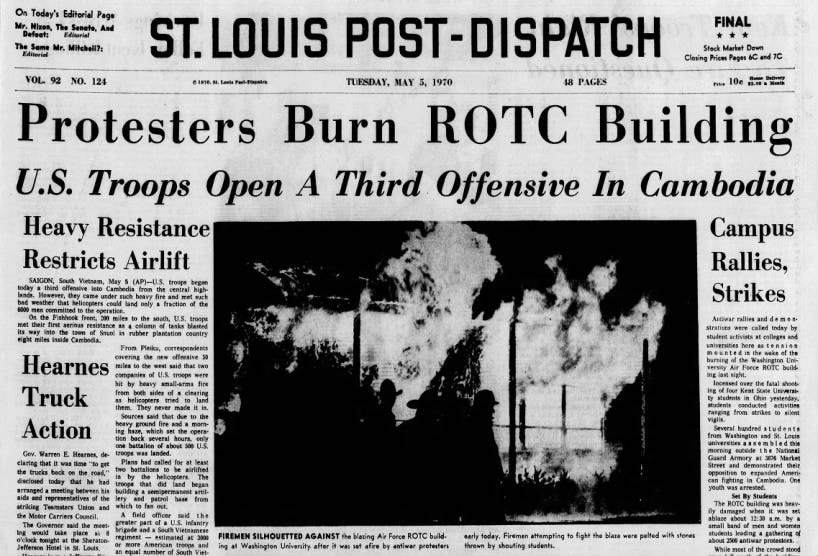 May 5, 1970: Protesters burn ROTC building at Washington University. May 5, 1970: Protesters burn ROTC building at Washington University.