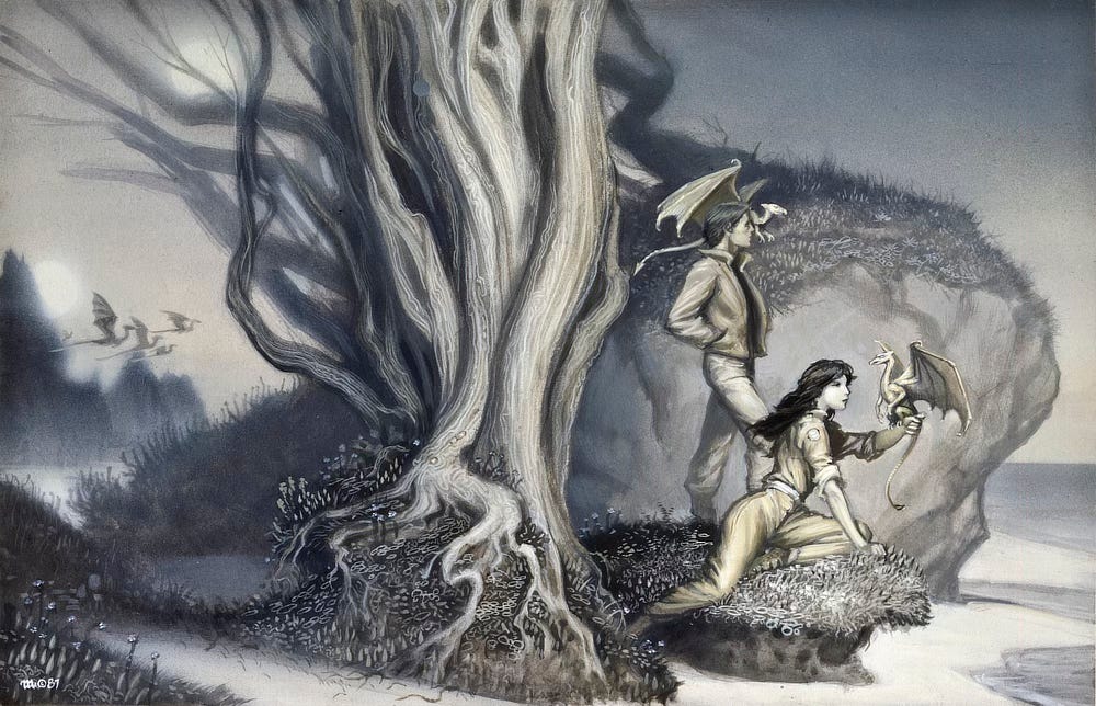 Alternative preliminary concept for DRAGONSDAWN featuring a woman on one knee, leaning forward with a tiny dragon perched on her arm. A man stands beside her with a dragon perched on his far shoulder.