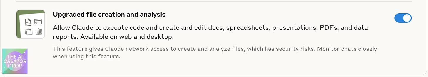 Claude AI settings panel showing the toggle for ‘Upgraded file creation and analysis,’ which allows Claude to create and edit documents, spreadsheets, presentations, PDFs, and reports.