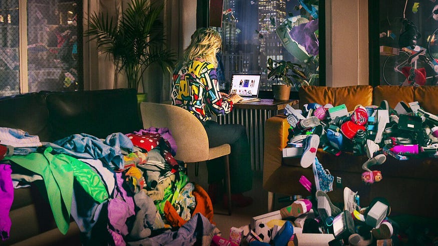 Image of person in apartment using computer surrounded by fast fashion products acquired from dumpsters