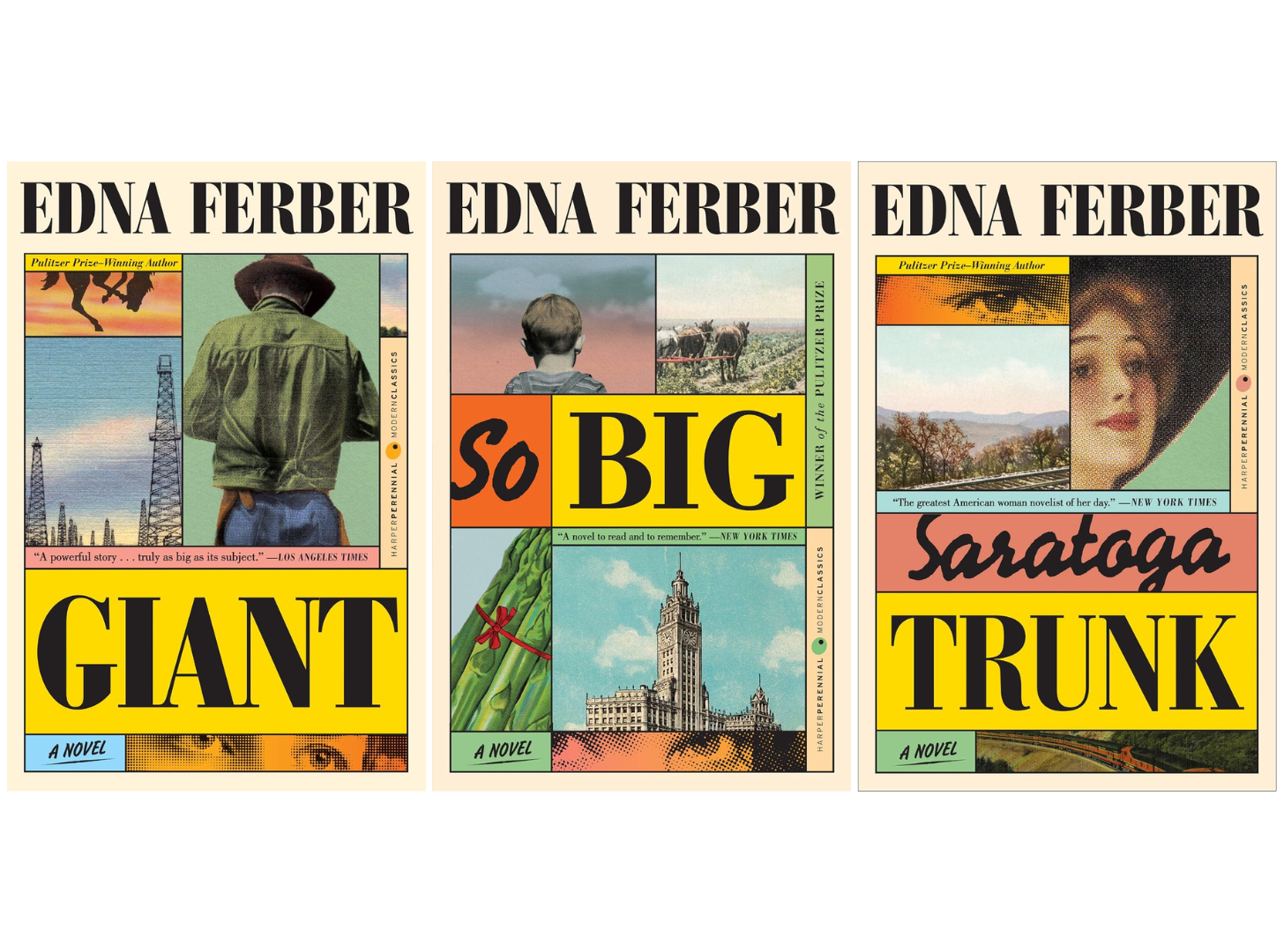Three covers of Edna Ferber novels (Giant, So Big, and Saratoga Trunk). All the covers have the titles in a big yellow box with black letters, surrounded by boxes depicting images that have some bearing on the theme of the novel. Three covers of Edna Ferber novels (Giant, So Big, and Saratoga Trunk). All the covers have the titles in a big yellow box with black letters, surrounded by boxes depicting images that have some bearing on the theme of the novel.
