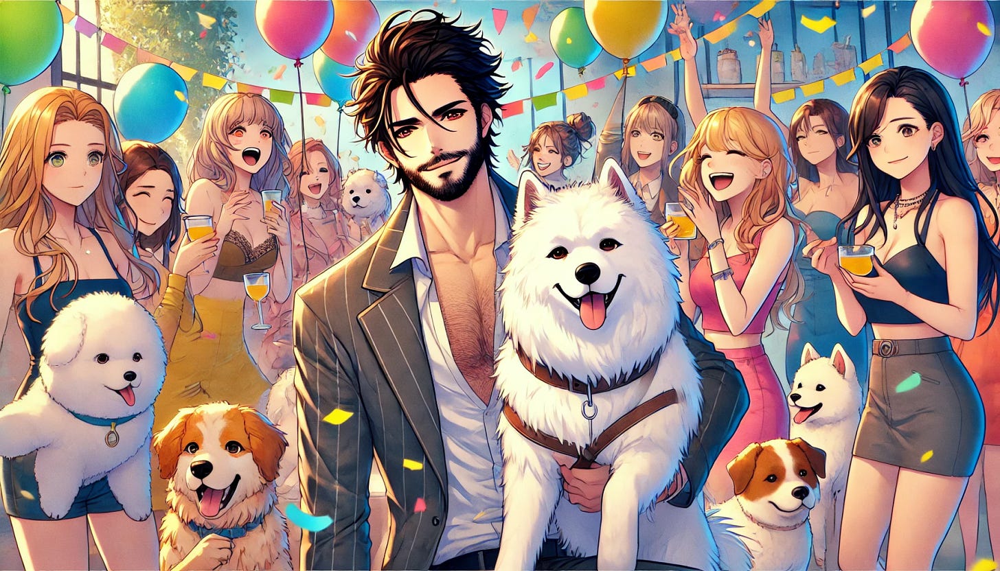 The man with dark hair and a beard and his Samoyed dog are at a lively party in an anime style. They are surrounded by a bunch of women and various puppies. The atmosphere is fun and energetic, with balloons, streamers, and a colorful setting. The man is wearing a stylish outfit suitable for a party, and his dog looks happy and playful. The women are laughing and interacting with the puppies, creating a joyful scene.