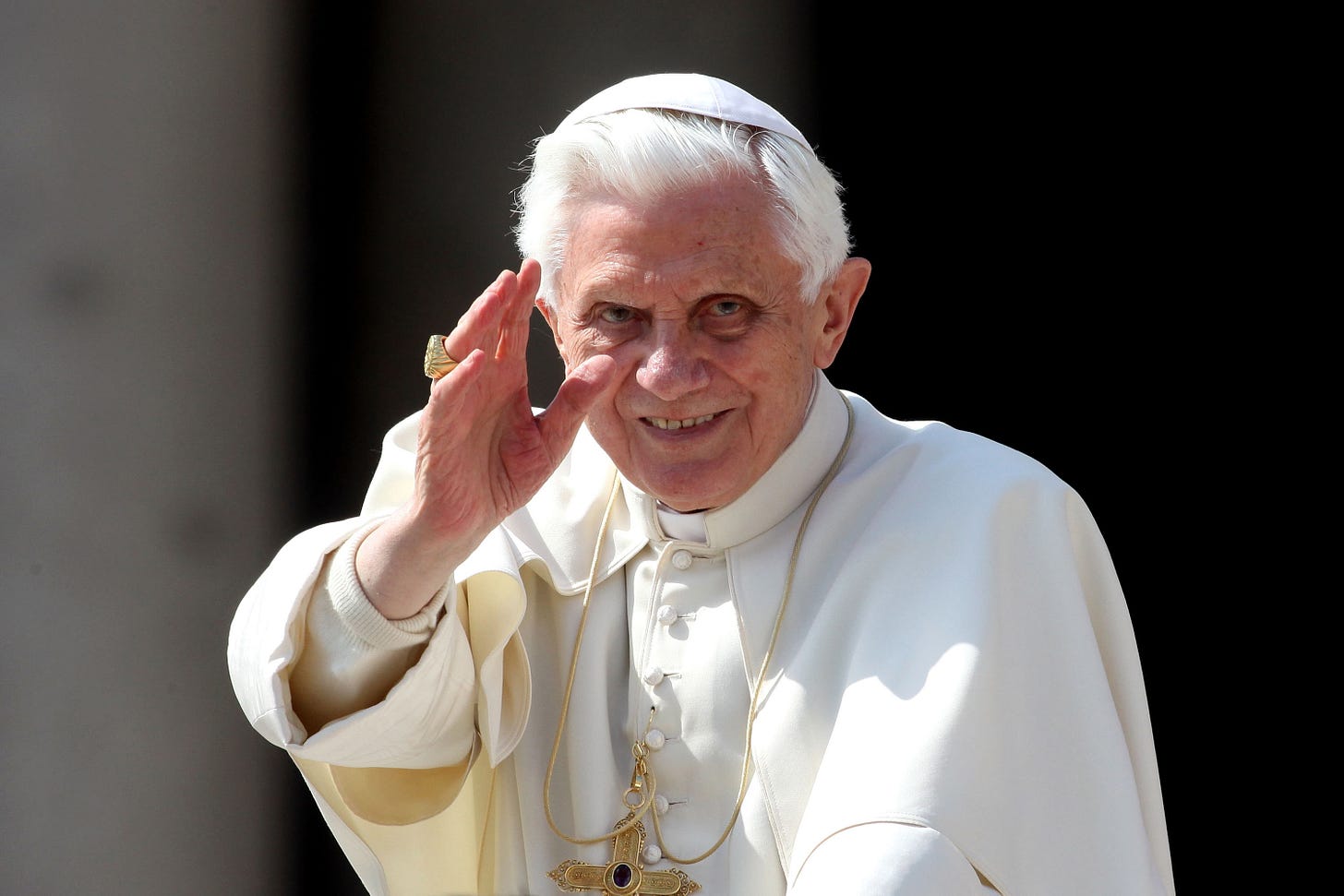 Pope Benedict XVI waves to the faithful gathered in St. Peter's Square during his weekly audience on March 30, 2011, in the Vatican City. Pope Benedict XVI waves to the faithful gathered in St. Peter's Square during his weekly audience on March 30, 2011, in the Vatican City.