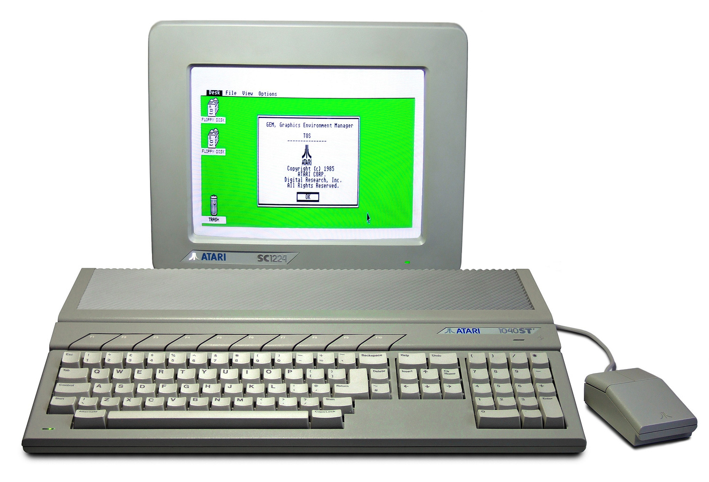 The Atari 1040STf computer with mouse and colour monitor, showing the GEM operating system. The Atari 1040STf computer with mouse and colour monitor, showing the GEM operating system.