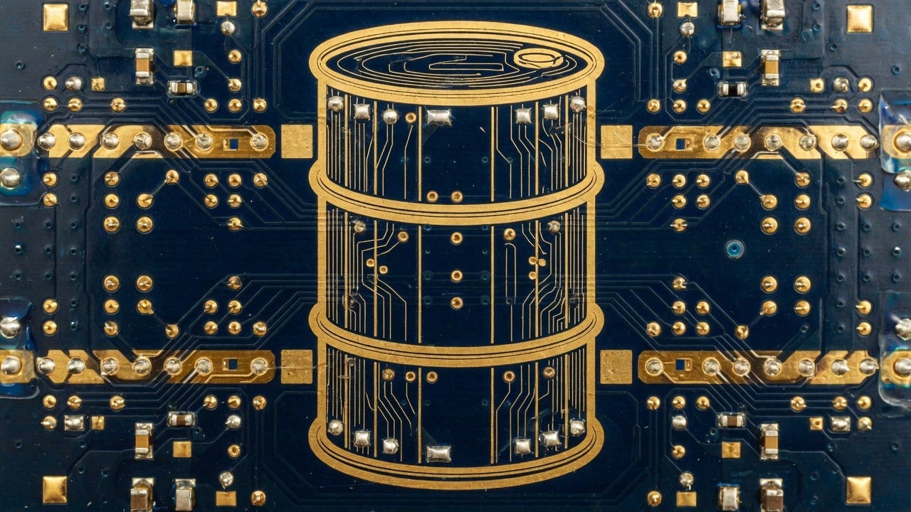 Circuit board in oil barrel shape, gold and navy macro photography, representing crypto replacing petrodollar