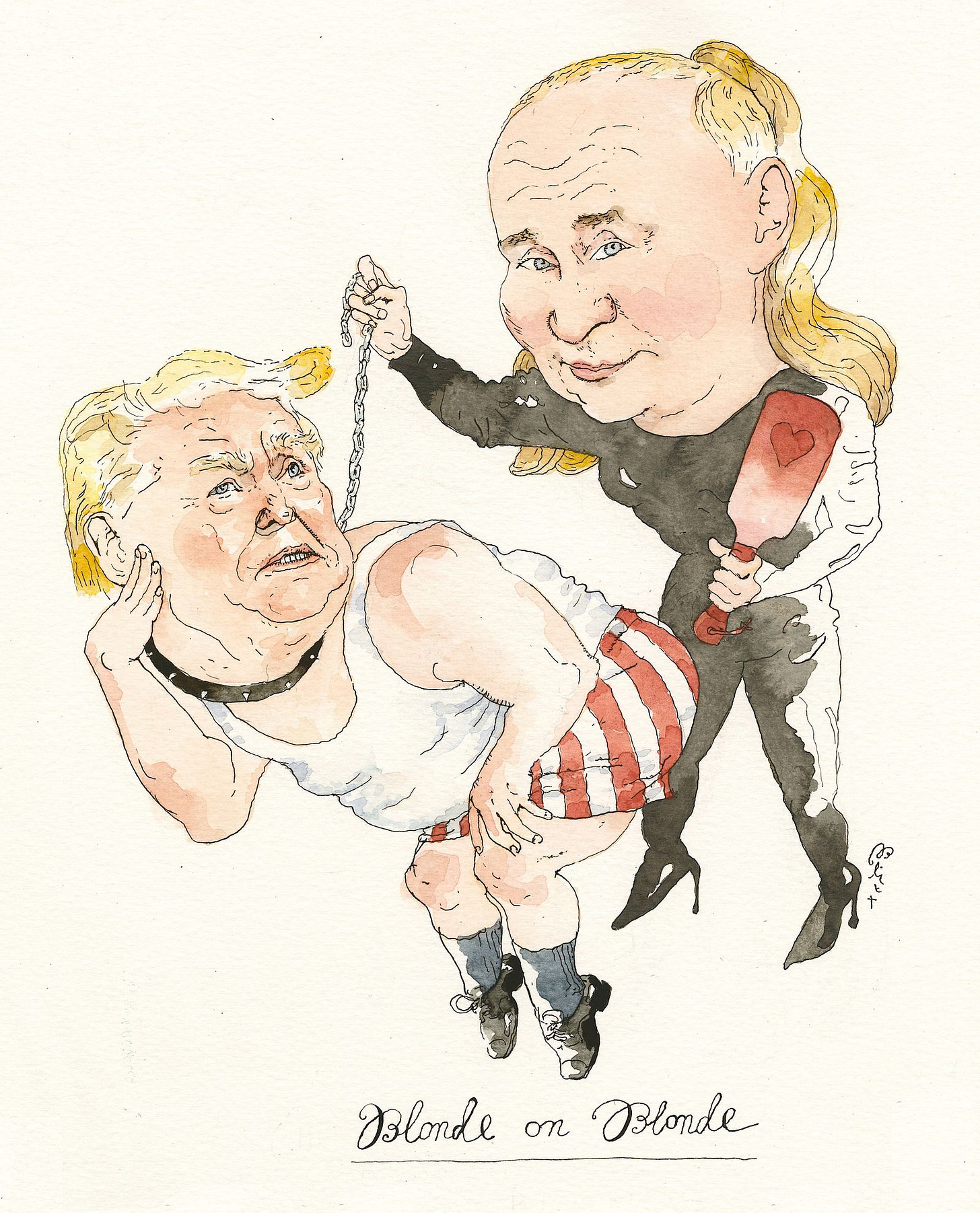 Dressed in a black catsuit and heels Putin holds a chain connected to a collar around Trumps neck. Trump is wearing... Dressed in a black catsuit and heels Putin holds a chain connected to a collar around Trumps neck. Trump is wearing...