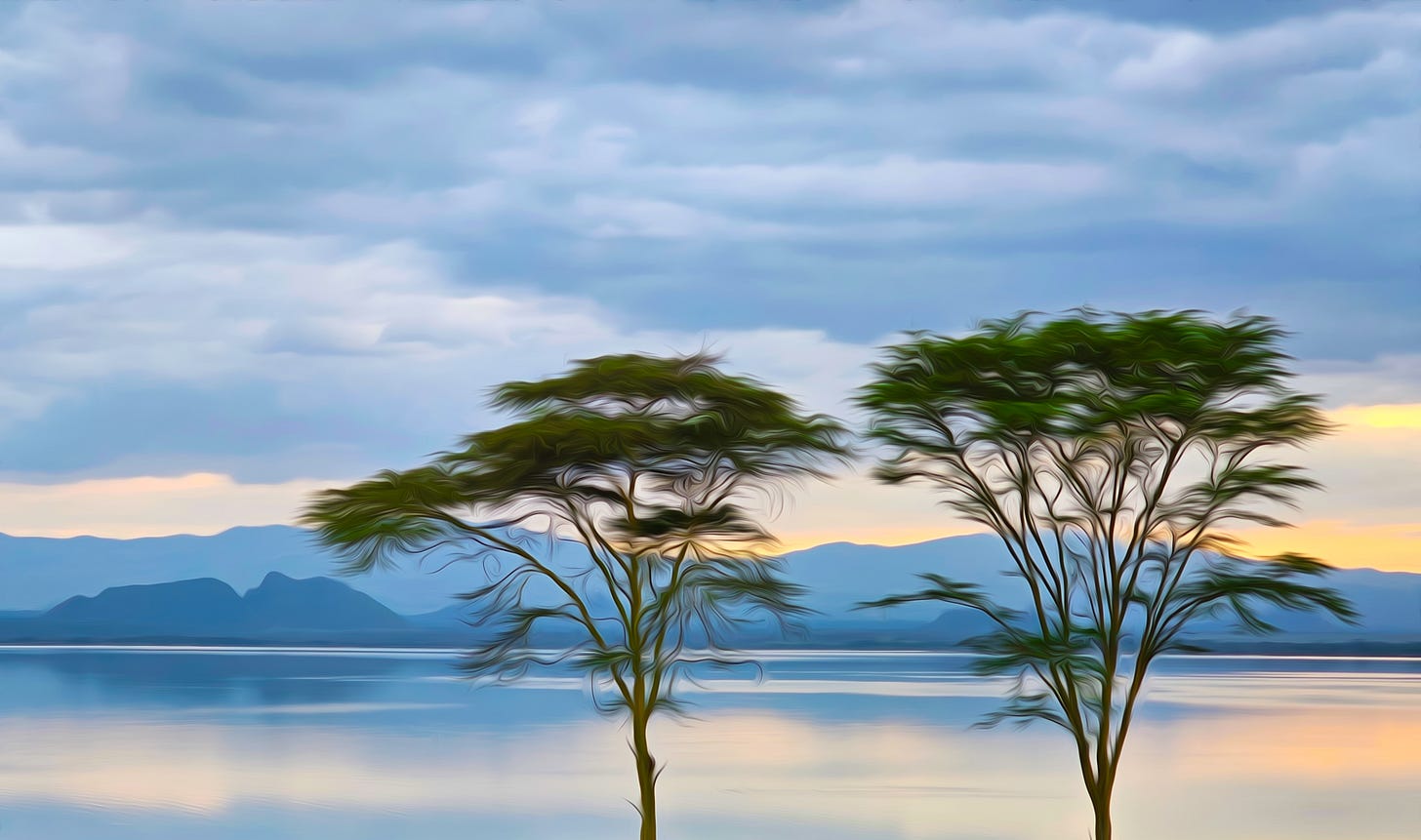 The Sleeping Warrior mountain is in the background of this painting of two Acacia trees in front of Lake Elementatia in Soysambu, Kenya