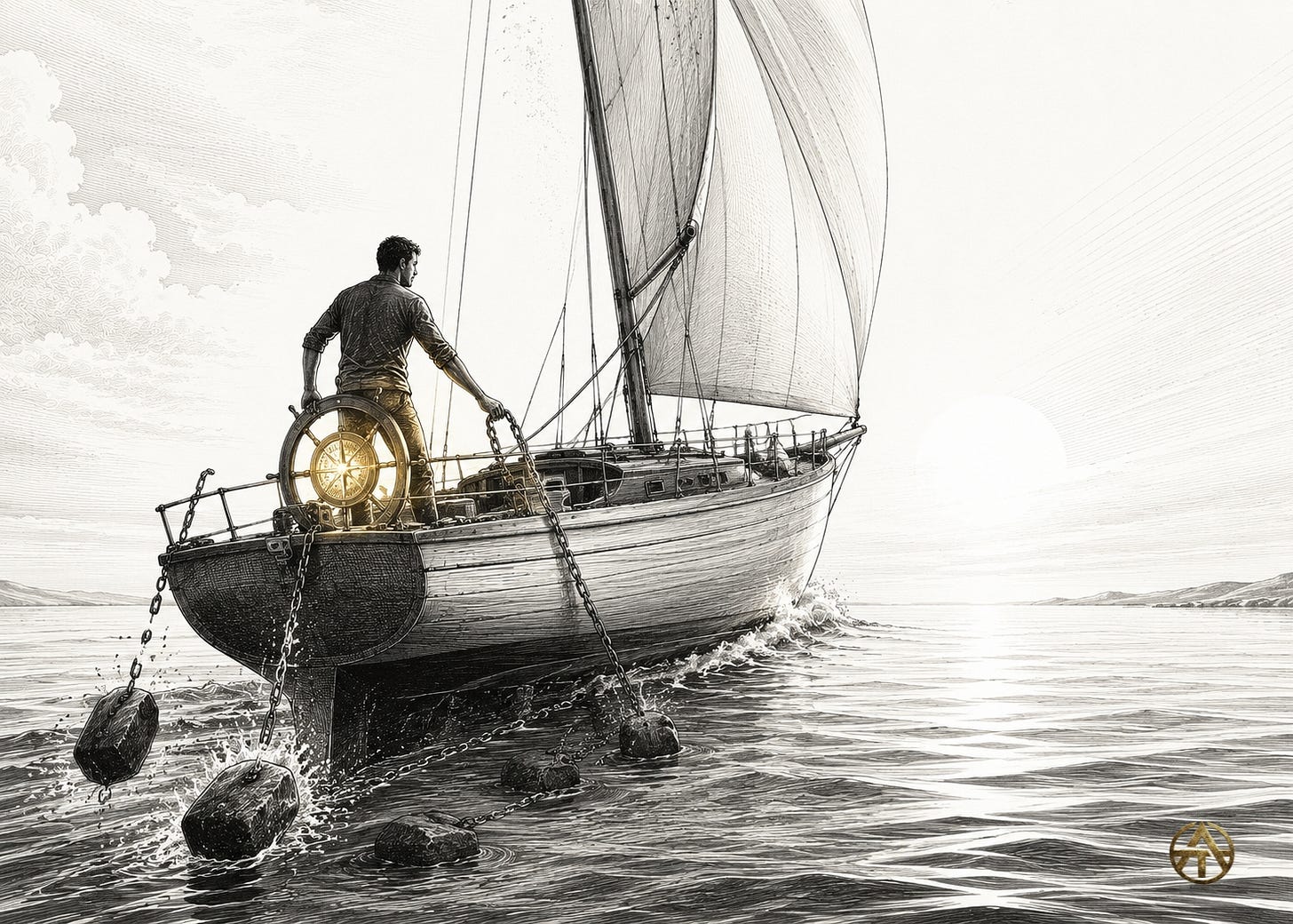 A sailor releases chained stone ballast from a low-riding boat while a gold-lit compass remains fixed at the helm. A sailor releases chained stone ballast from a low-riding boat while a gold-lit compass remains fixed at the helm.