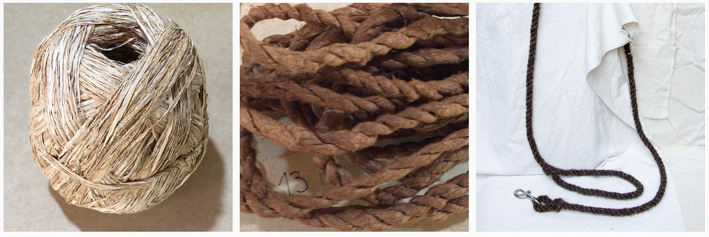 Images: 1. Raw hemp strip ball from Blue H’mong craftswomen of Pa Co village; 2. Handmade paper rope from KILOMET109 using the “Giang” vine, a wild vine from the bamboo family that is processed by hand by rolling across the body, then dyed using a wild yam root; 3. Dog leash from Sanne Visser made using wasted shorn human hair [Credit: Sanne Visser Studio]