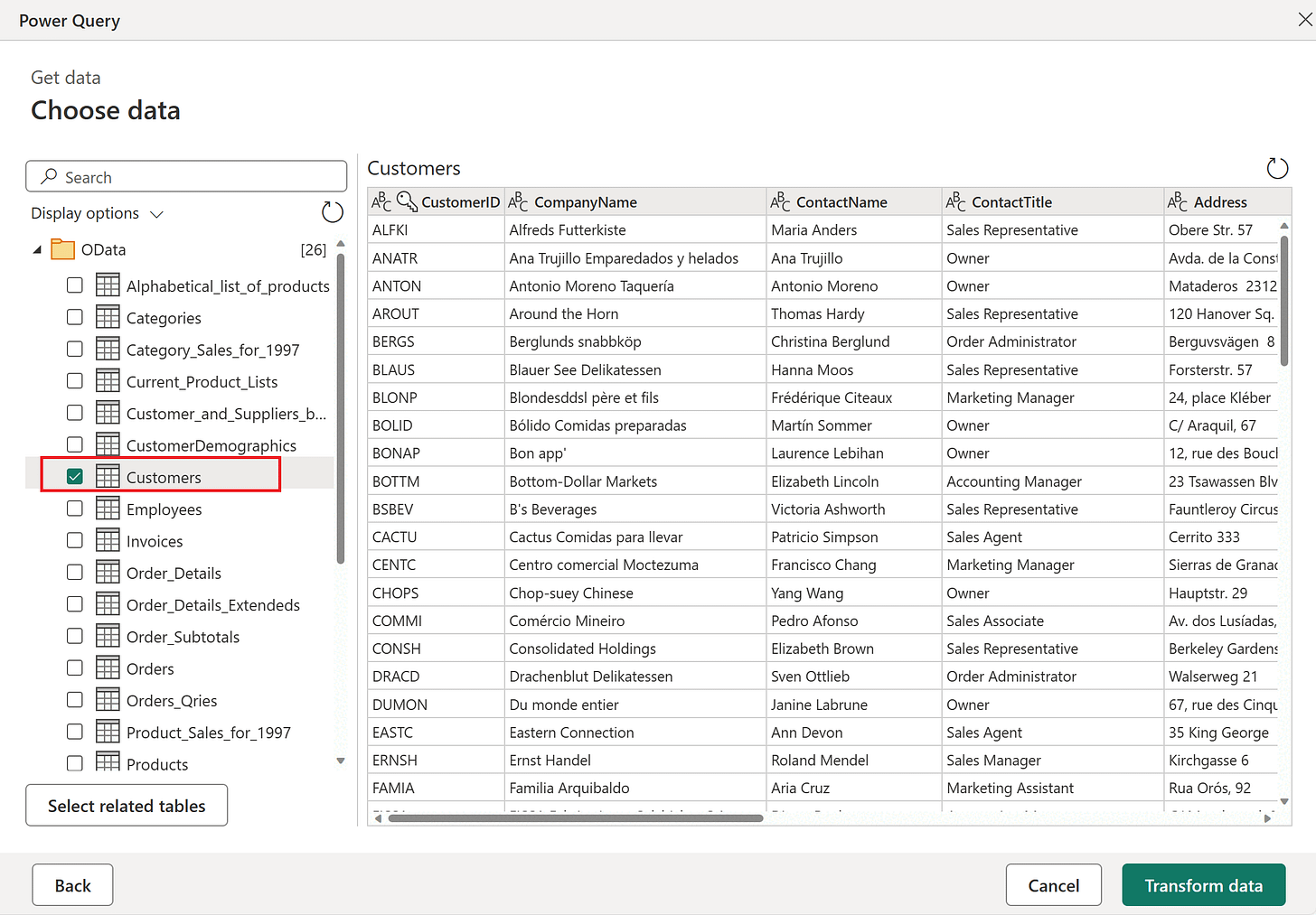 Captura de pantalla de la página Navegador de Power Query con la tabla de Clientes resaltada.