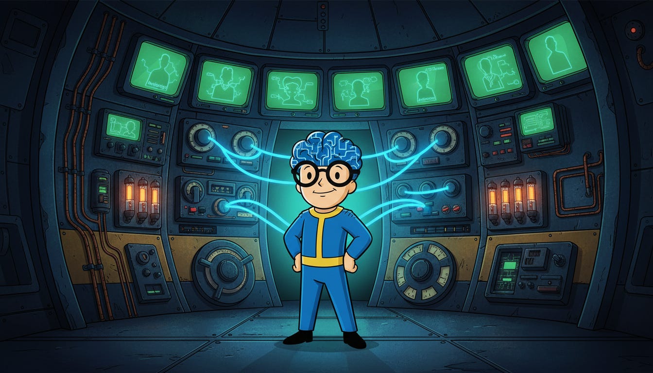 Illustration du GMIND-BOY dans un centre de commande circulaire, son cerveau bleu électrique relié par des câbles à une série d'écrans affichant les résidents de l'abri. Illustration du GMIND-BOY dans un centre de commande circulaire, son cerveau bleu électrique relié par des câbles à une série d'écrans affichant les résidents de l'abri.