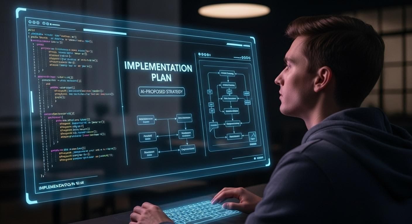 A thoughtful developer, seen from behind, looking at a complex implementation plan on a futuristic transparent screen, evaluating the AI's proposed code structure. A thoughtful developer, seen from behind, looking at a complex implementation plan on a futuristic transparent screen, evaluating the AI's proposed code structure.