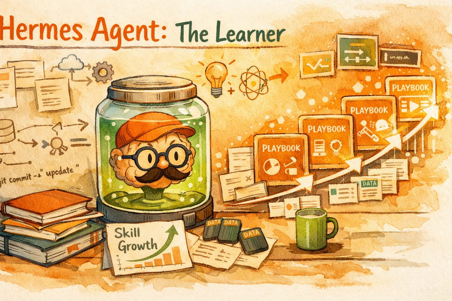 Hermes Scholar illustration showing a learning AI agent evolving over time for tech consulting for entrepreneurs. Hermes Scholar illustration showing a learning AI agent evolving over time for tech consulting for entrepreneurs.