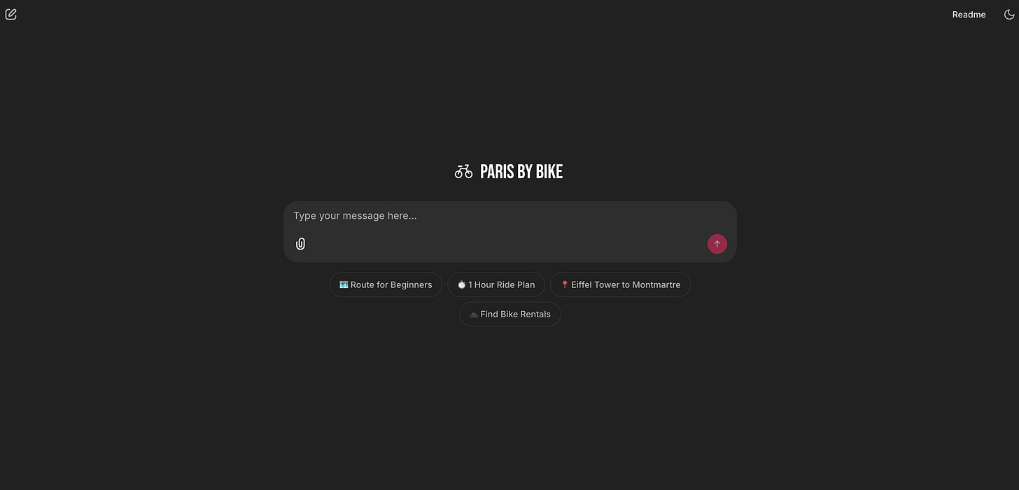 A screenshot of the Paris by Bike app’s home screen, showing a text input box and four “starter” prompt buttons.