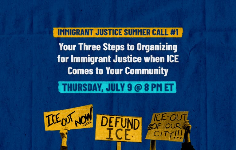 Event information with signs reading "ICE OUT" etc.